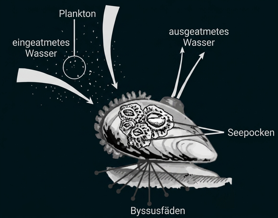 Schematische Darstellung einer Muschel mit Plankton, ein- und ausgeatmetem Wasser sowie Byssusfäden.